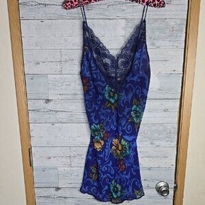 Vintage Cacique Blue Floral Semi Sheer Lingerie Slip Dress